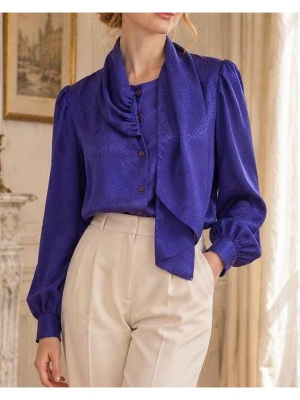 Vintage Deep Purple Bethany Blouse | Jewel Tone Jacquard Tie Neck Blouse